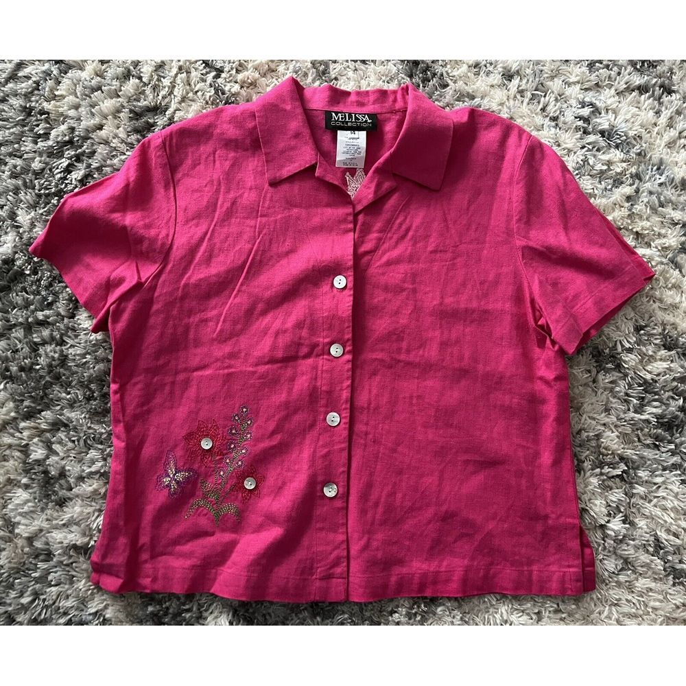 vintage Melissa Collection button up blouse pink linen women size 14 Embroidered